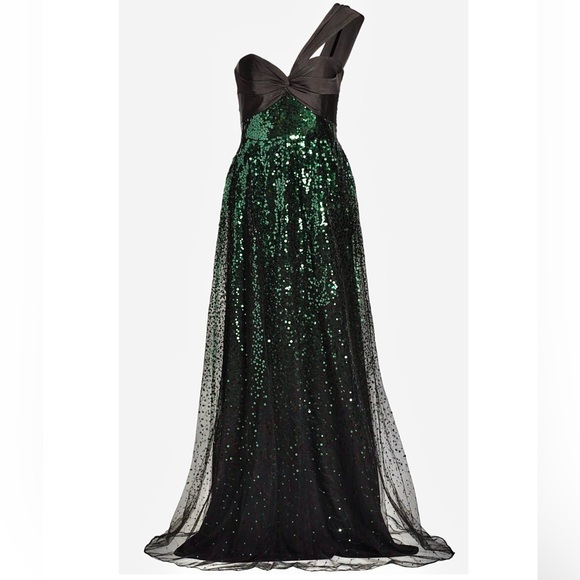 MARCHESA NOTTE Sequin Embellished Gown in Tulle & Charmeuse Green Maxi Dress